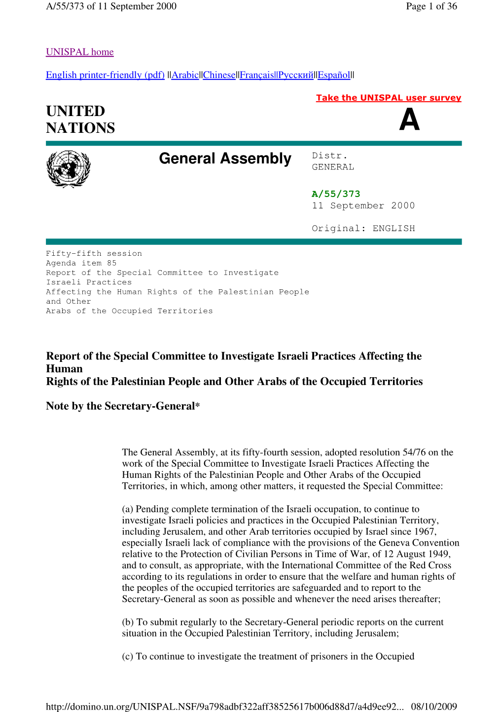 Report of the Special Committee to Investigate Israeli Practices Affecting the Human Rights of the Palestinian People and Other Arabs of the Occupied Territories