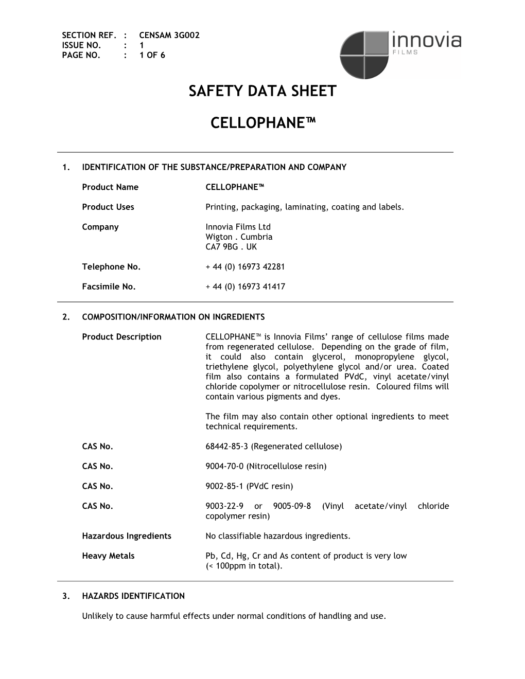 Safety Data Sheet Cellophane™