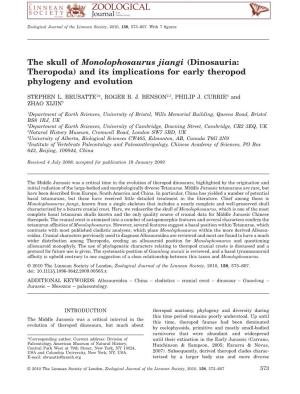 The Skull of Monolophosaurus Jiangi (Dinosauria: Theropoda) and Its Implications for Early Theropod Phylogeny and Evolution