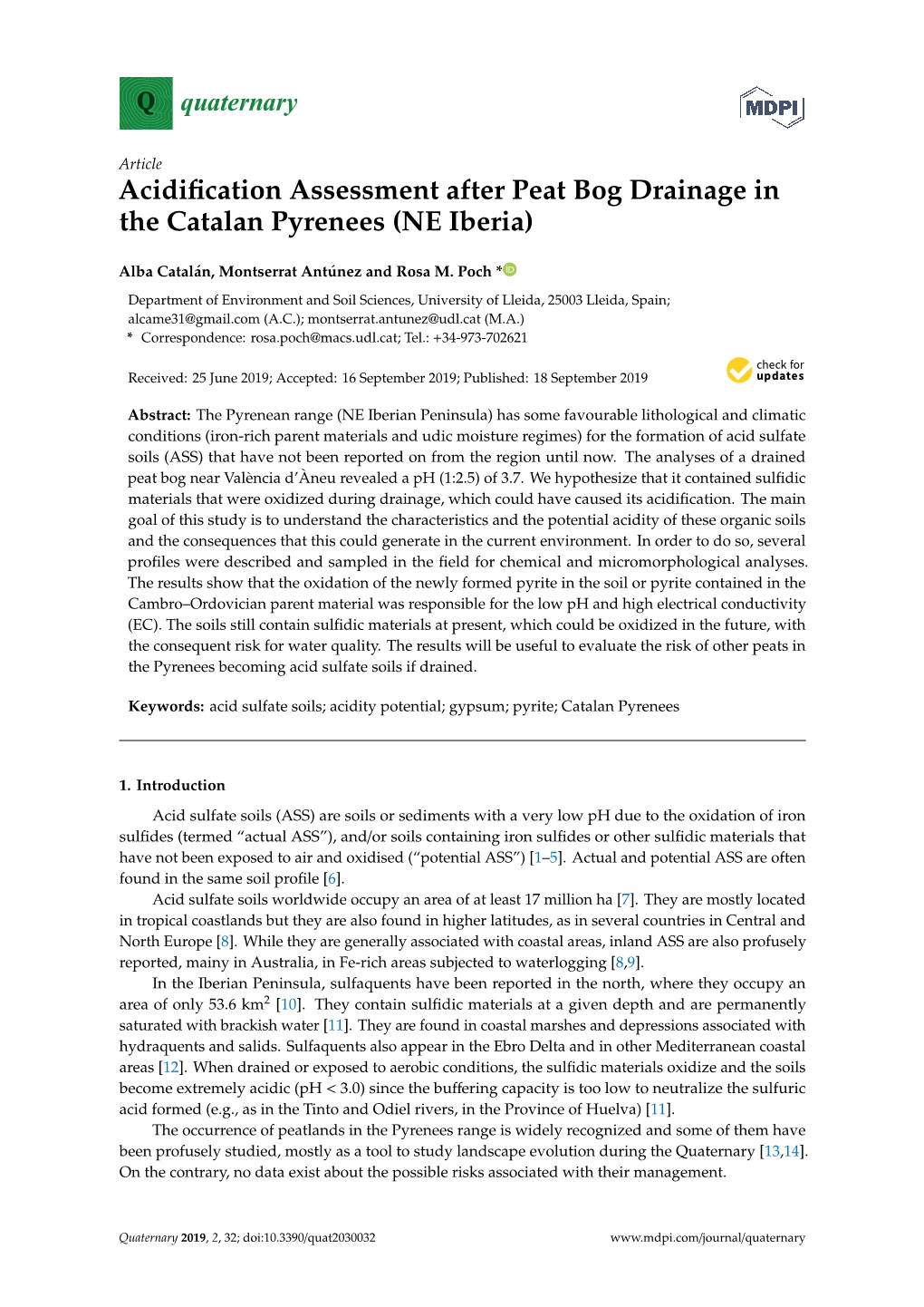 Acidification Assessment After Peat Bog Drainage in the Catalan