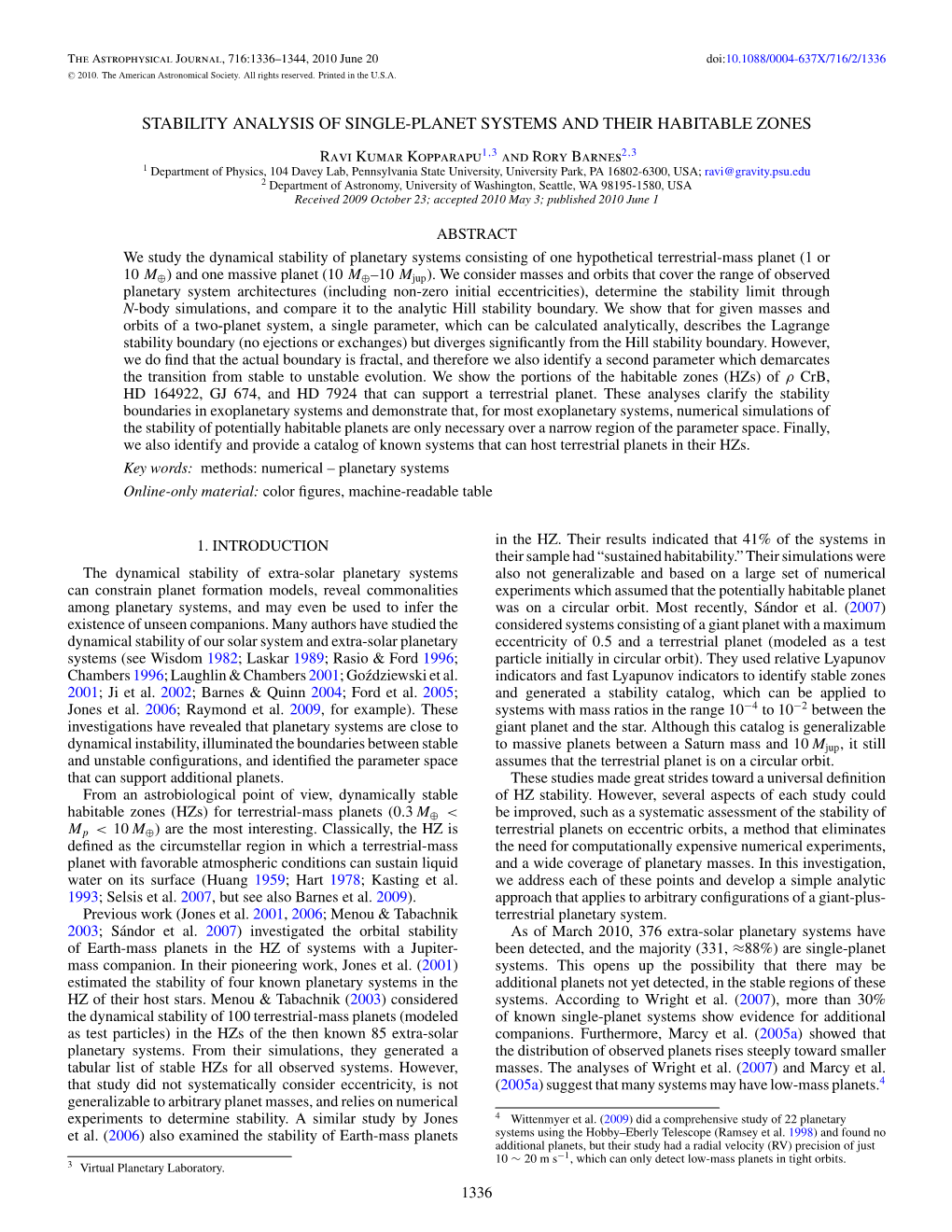 Stability Analysis of Single-Planet Systems and Their Habitable Zones