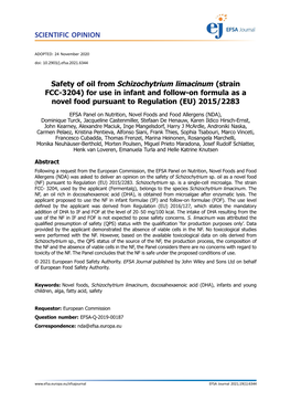 Safety of Oil from Schizochytrium Limacinum (Strain FCC-3204) for Use in Infant and Follow-On Formula As a Novel Food Pursuant to Regulation (EU) 2015/2283