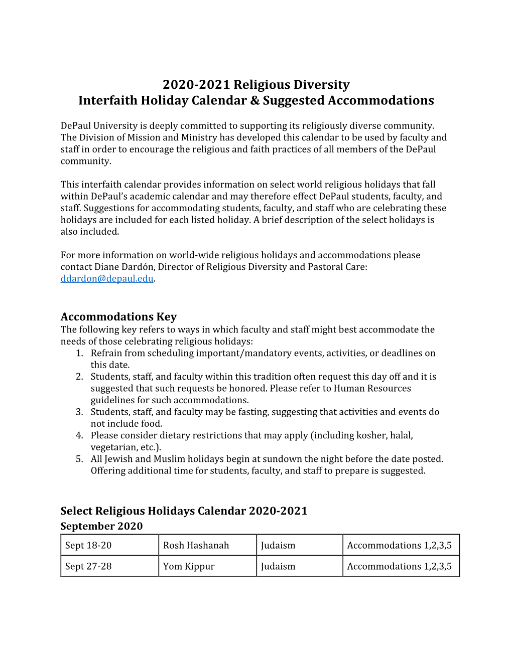 2020-2021 Religious Diversity Interfaith Holiday Calendar & Suggested Accommodations