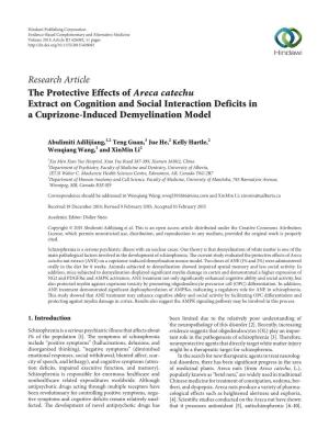 The Protective Effects of Areca Catechu Extract on Cognition and Social Interaction Deficits in a Cuprizone-Induced Demyelination Model