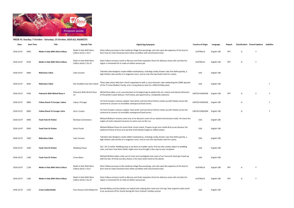 WEEK 41: Sunday, 7 October - Saturday, 13 October, 2018 ALL MARKETS