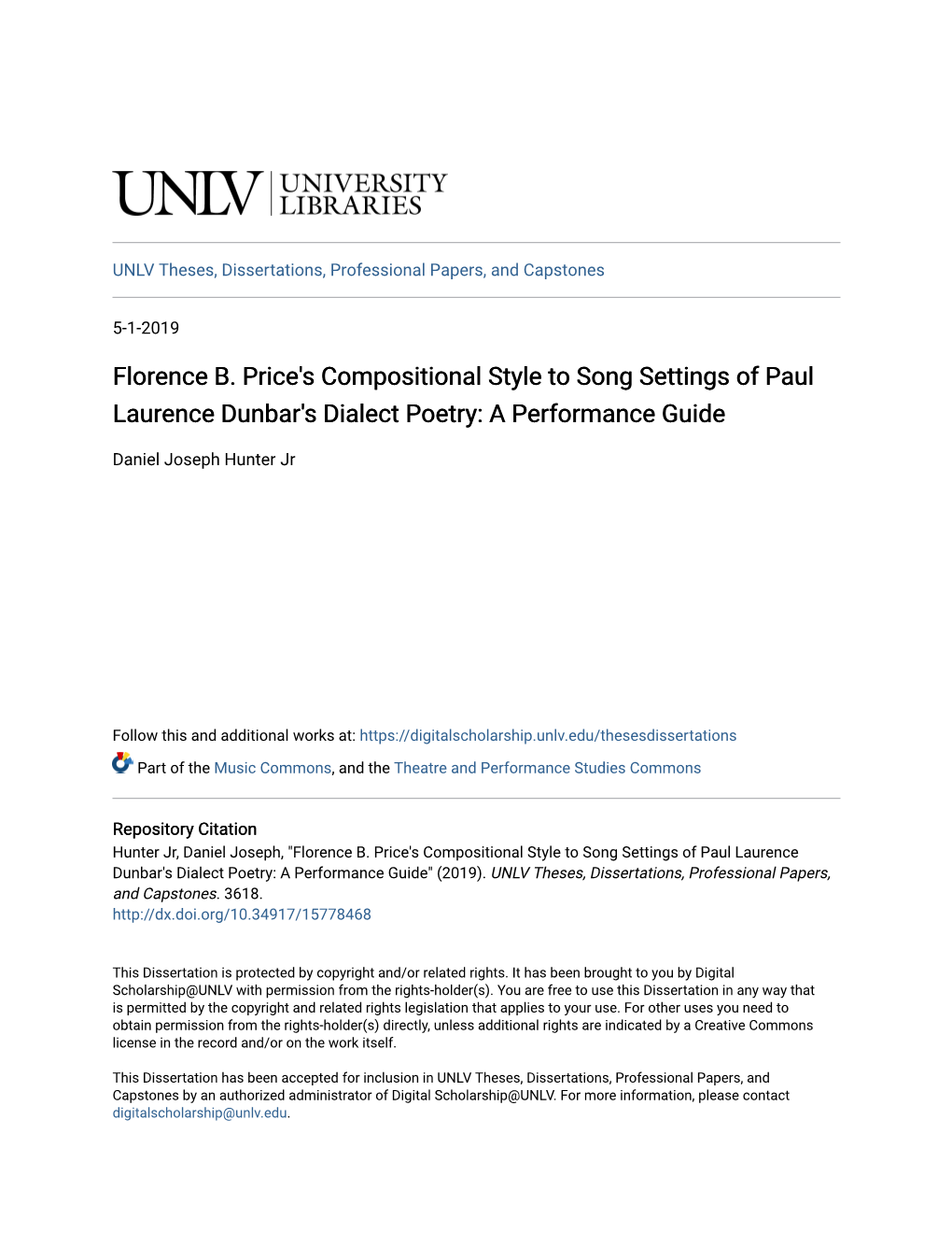 Florence B. Price's Compositional Style to Song Settings of Paul Laurence Dunbar's Dialect Poetry: a Performance Guide