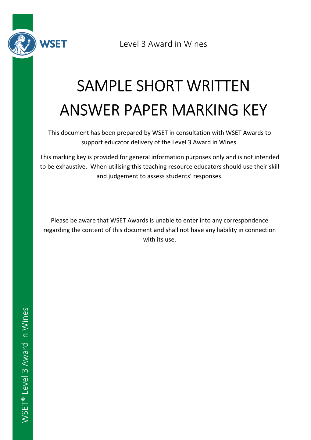 Sample Short Written Answer Paper Marking Key