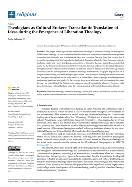Theologians As Cultural Brokers: Transatlantic Translation of Ideas During the Emergence of Liberation Theology