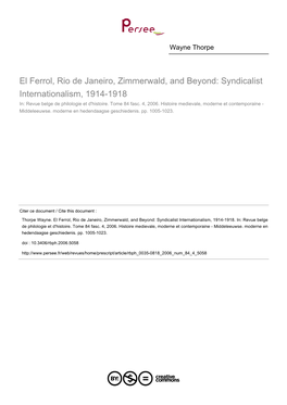 Syndicalist Internationalism, 1914-1918 In: Revue Belge De Philologie Et D'histoire