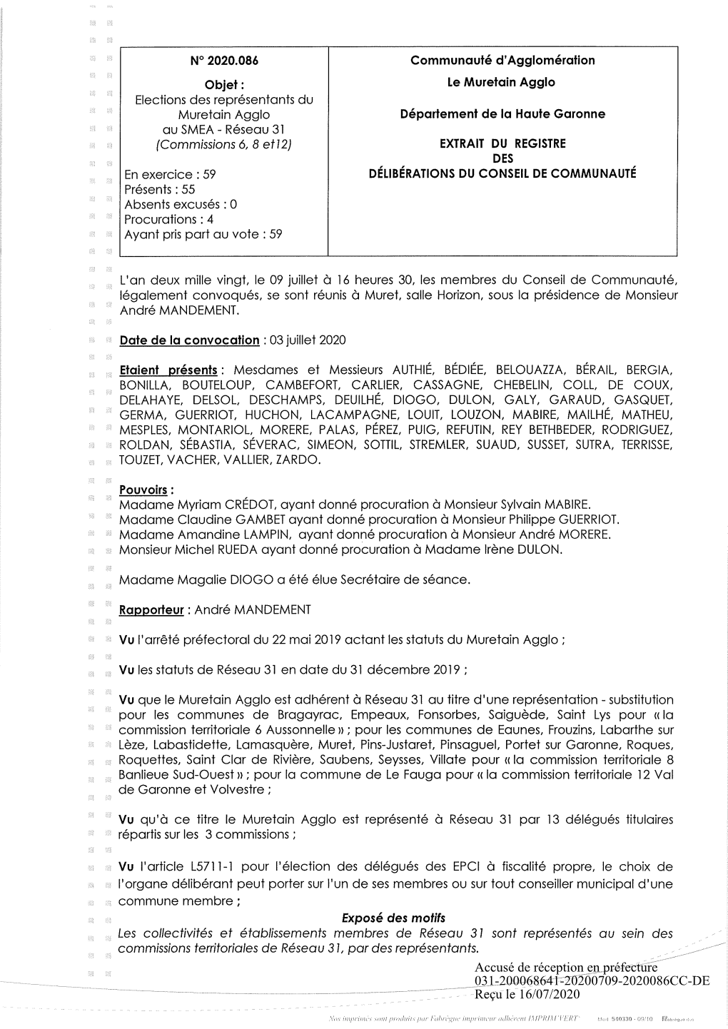 Accusé De Réception En Préfecture 031-200068641-20200709-2020086CC-DE Reçu Le 16/07/2020