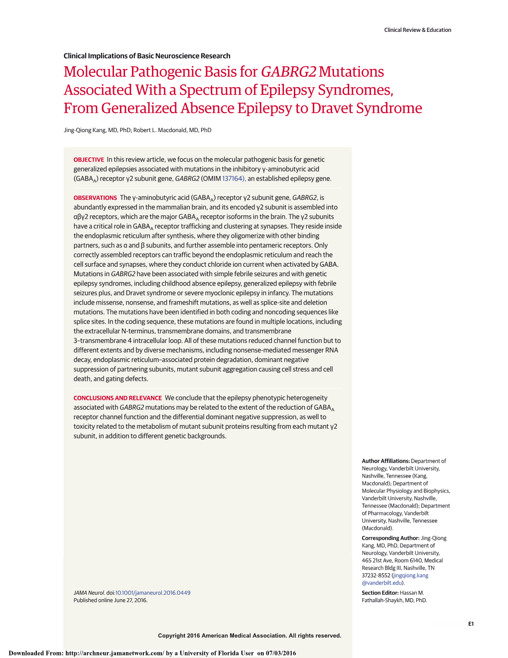 Molecular Pathogenic Basis for GABRG2 Mutations Associated with a Spectrum of Epilepsy Syndromes, from Generalized Absence Epilepsy to Dravet Syndrome