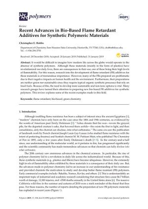 Recent Advances in Bio-Based Flame Retardant Additives for Synthetic Polymeric Materials
