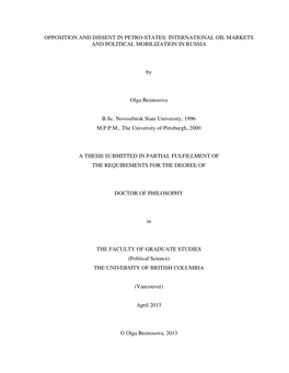 INTERNATIONAL OIL MARKETS and POLITICAL MOBILIZATION in RUSSIA by Olga Beznosova B.Sc. N