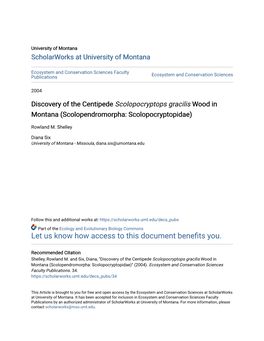 Discovery of the Centipede Scolopocryptops Gracilis Wood in Montana (Scolopendromorpha: Scolopocryptopidae)