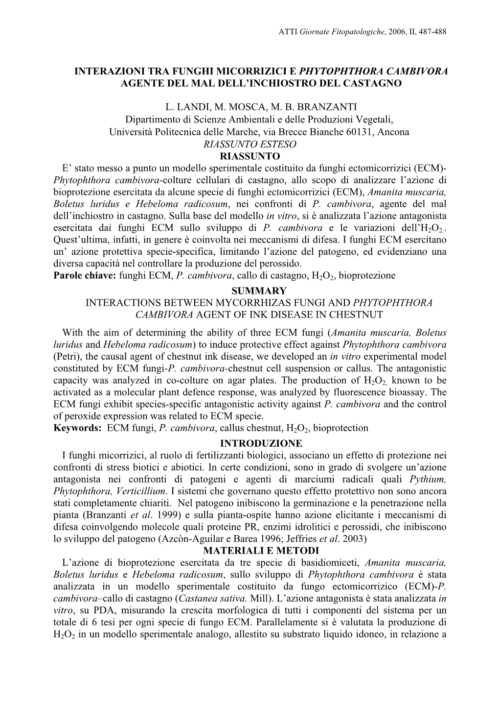 Interazioni Tra Funghi Micorrizici E Phytophthora Cambivora Agente Del Mal Dell’Inchiostro Del Castagno