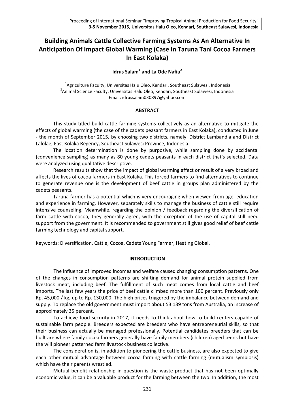 Building Animals Cattle Collective Farming Systems As an Alternative in Anticipation of Impact Global Warming (Case in Taruna Tani Cocoa Farmers in East Kolaka)