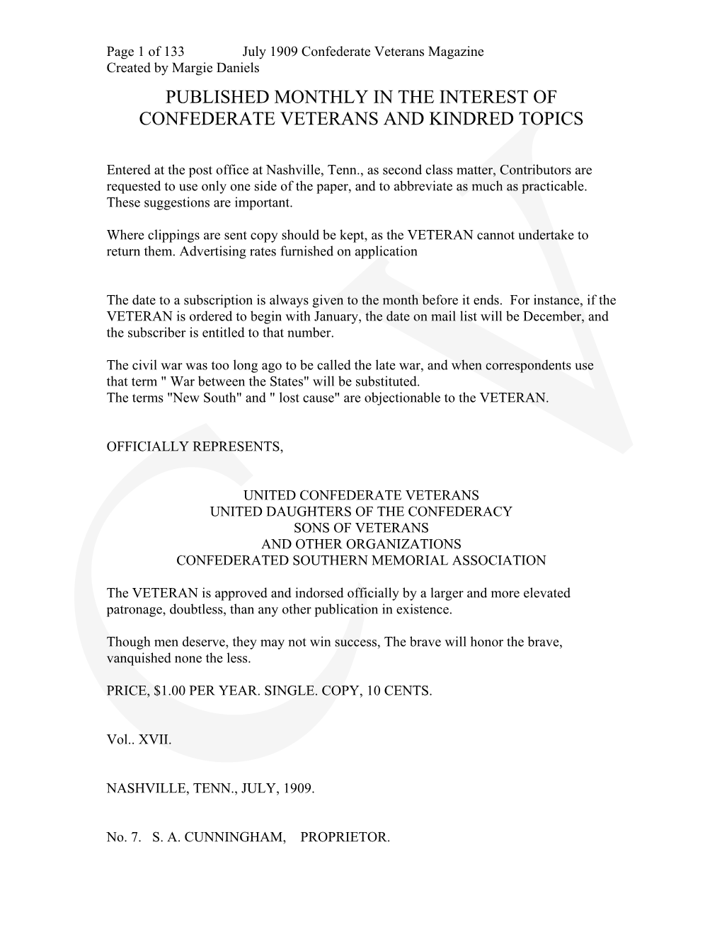 Published Monthly in the Interest of Confederate Veterans and Kindred Topics