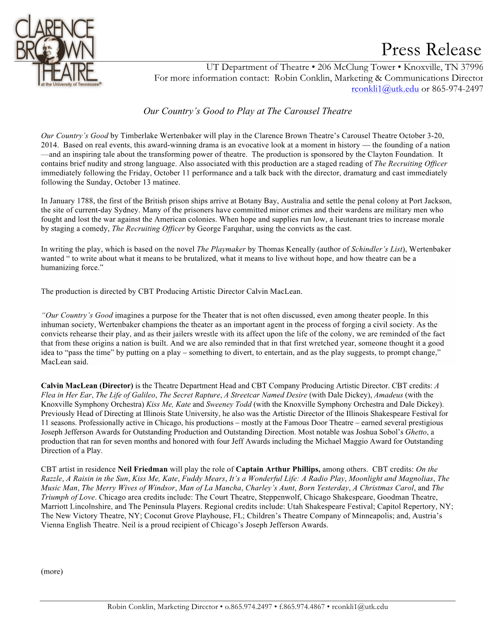 “Our Country's Good” Press Release