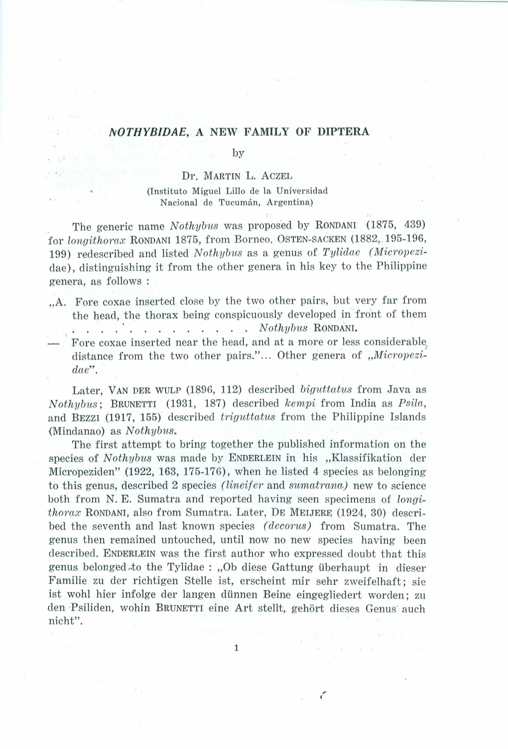 NO THYBIDAE, a NEW FAMILY of DIPTERA by Dr. MARTINL. ACZEL