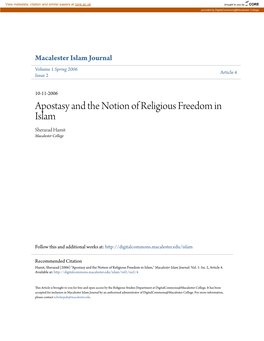 Apostasy and the Notion of Religious Freedom in Islam Sherazad Hamit Macalester College