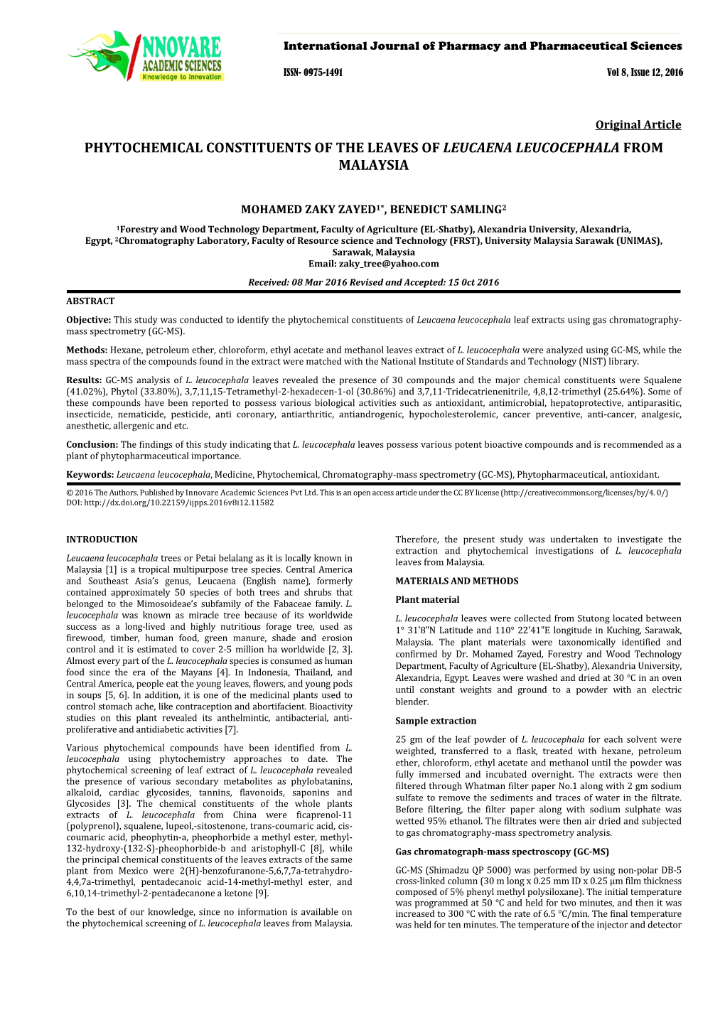 Phytochemical Constituents of the Leaves of Leucaena Leucocephala from Malaysia