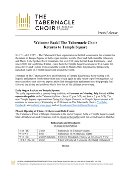 Welcome Back! the Tabernacle Choir Returns to Temple Square