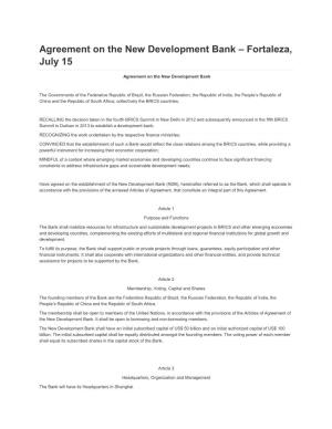 Agreement on the New Development Bank – Fortaleza, July 15