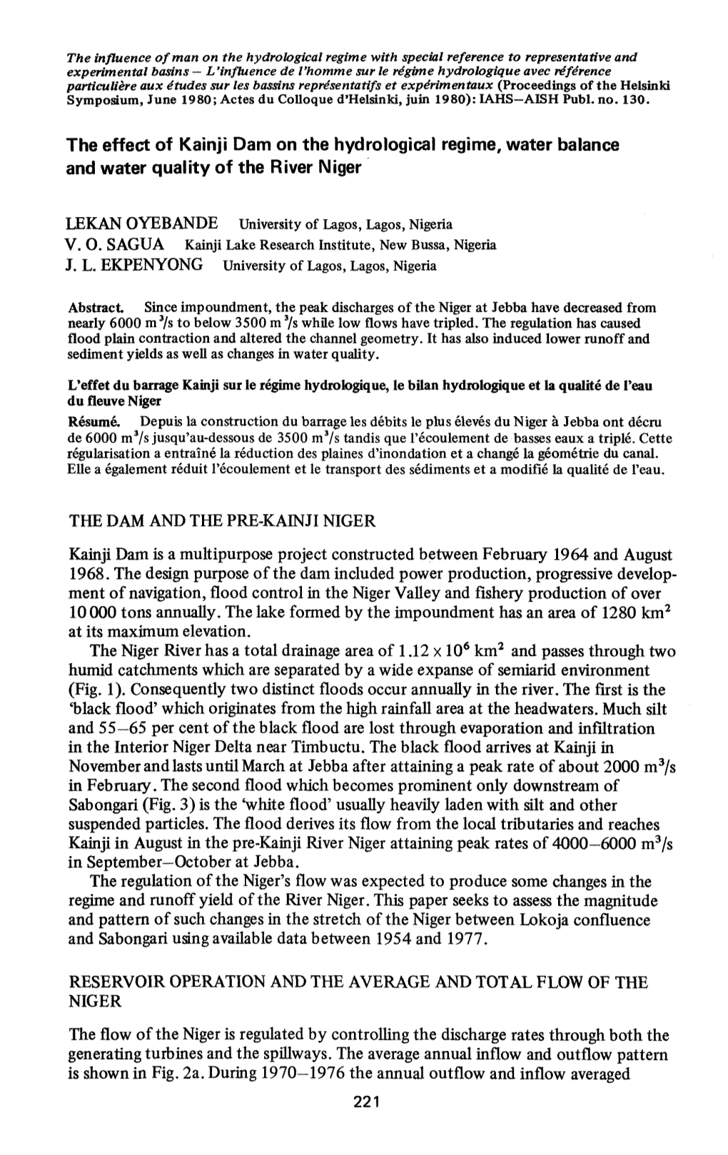 The Effect of Kainji Dam on the Hydrological Regime, Water Balance and Water Quality of the River Niger