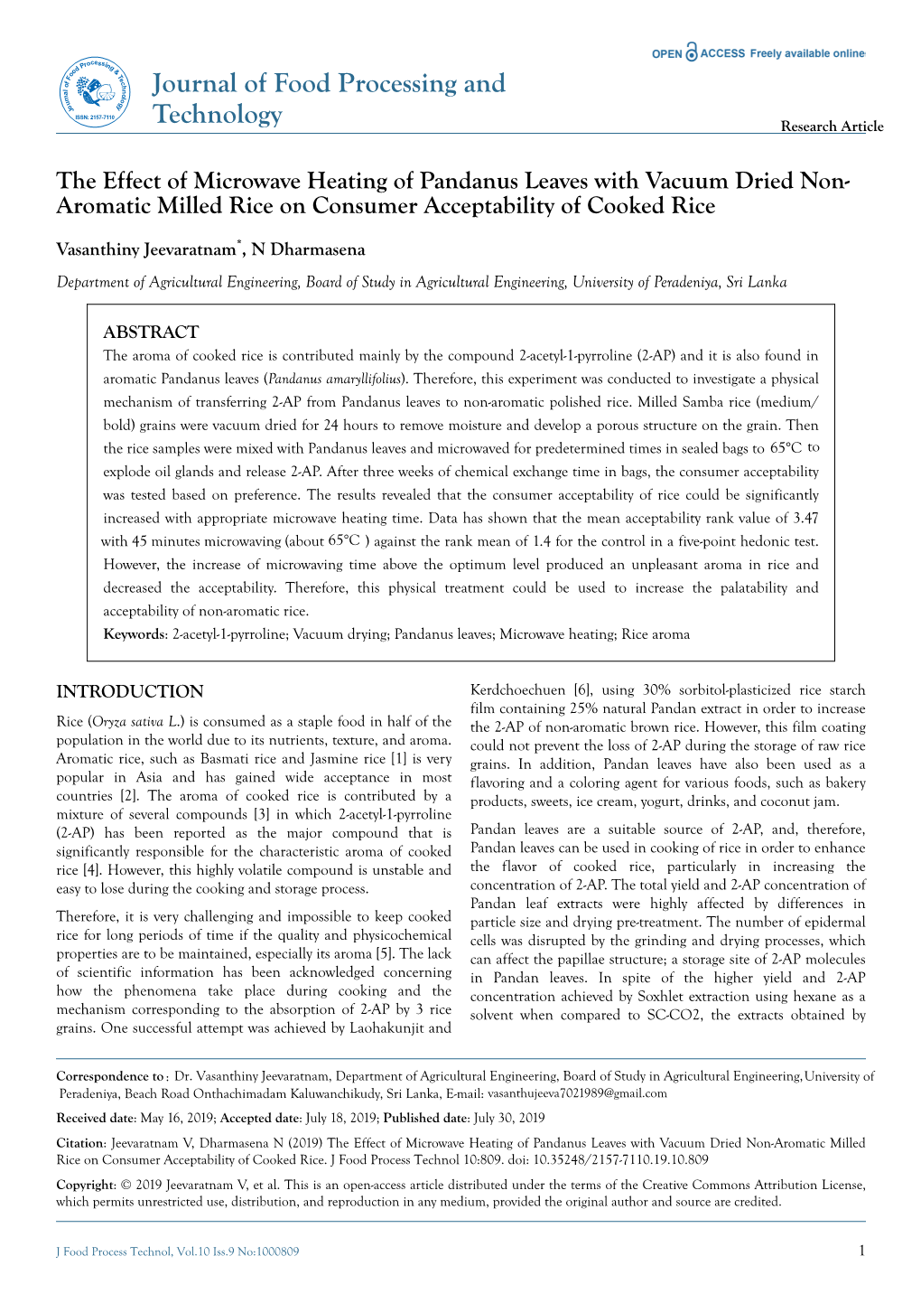 The Effect of Microwave Heating of Pandanus Leaves with Vacuum Dried Non- Aromatic Milled Rice on Consumer Acceptability of Cooked Rice