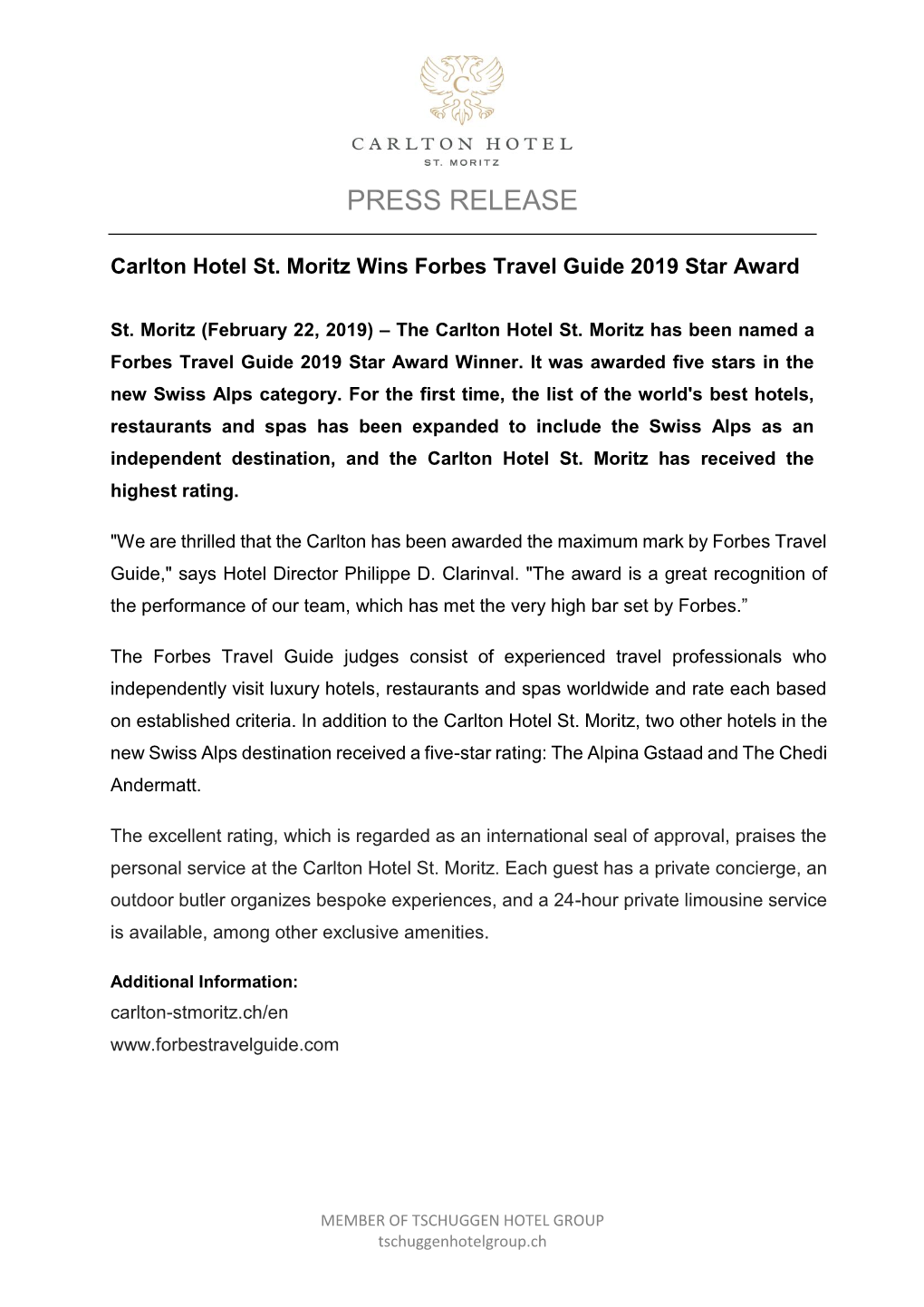 Carlton Hotel St. Moritz Wins Forbes Travel Guide 2019 Star Award