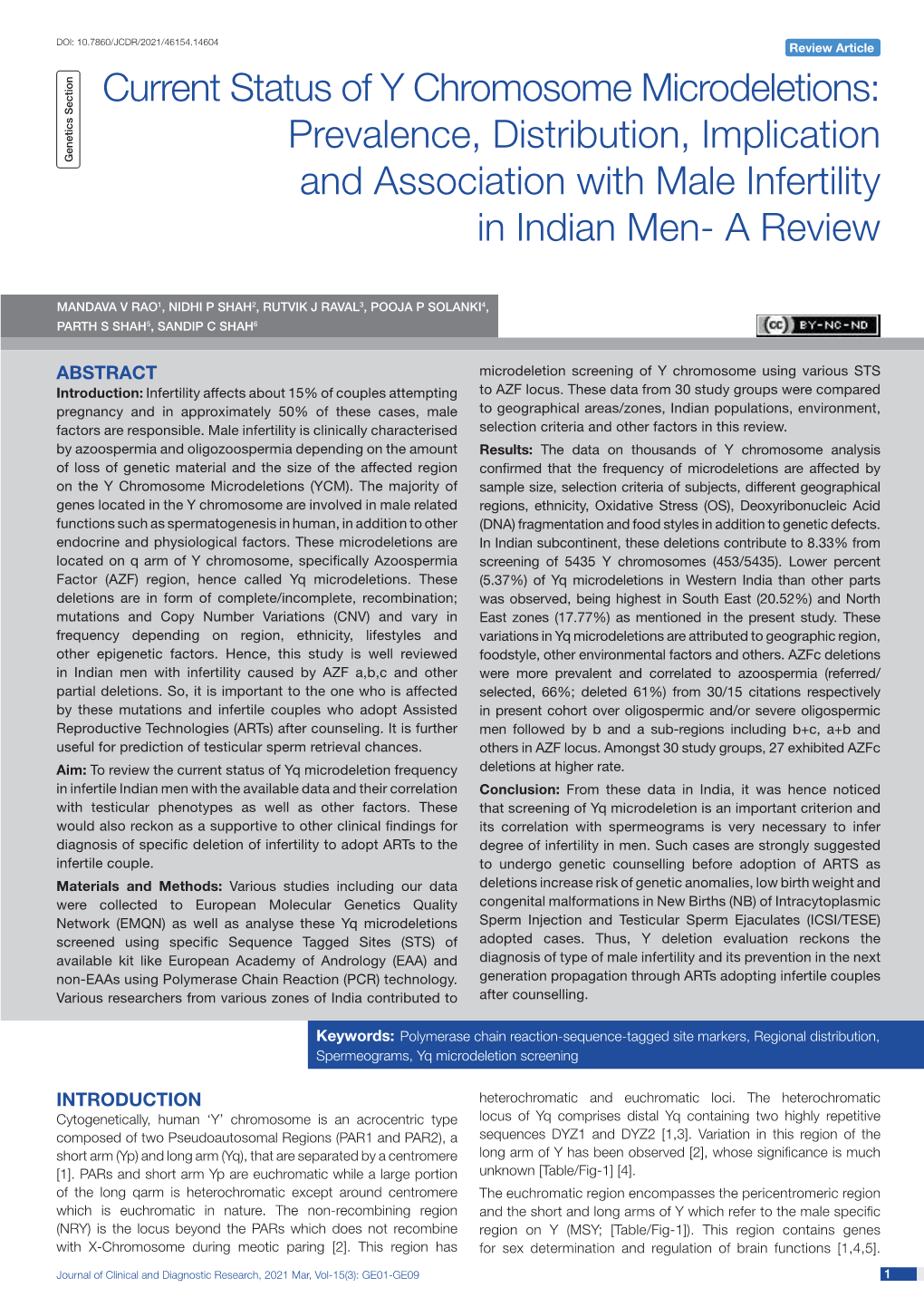 Current Status of Y Chromosome Microdeletions: Prevalence, Distribution, Implication Genetics Section and Association with Male Infertility in Indian Men- a Review