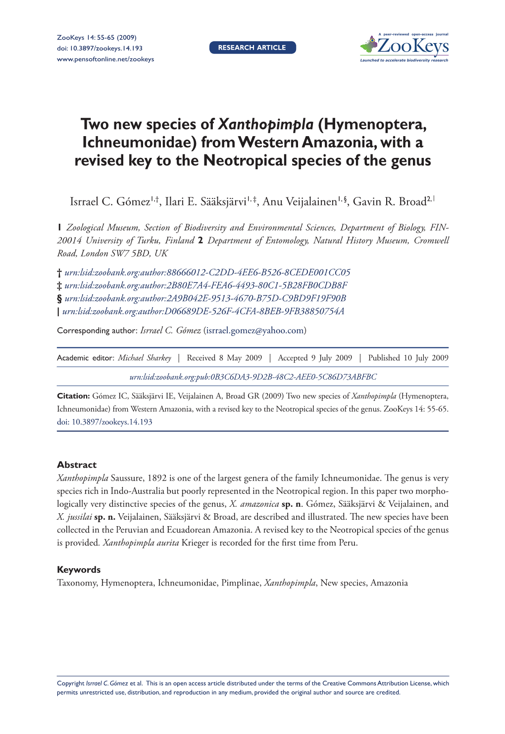 Two New Species of Xanthopimpla (Hymenoptera, Ichneumonidae) from Western Amazonia, with a Revised Key to the Neotropical Species of the Genus