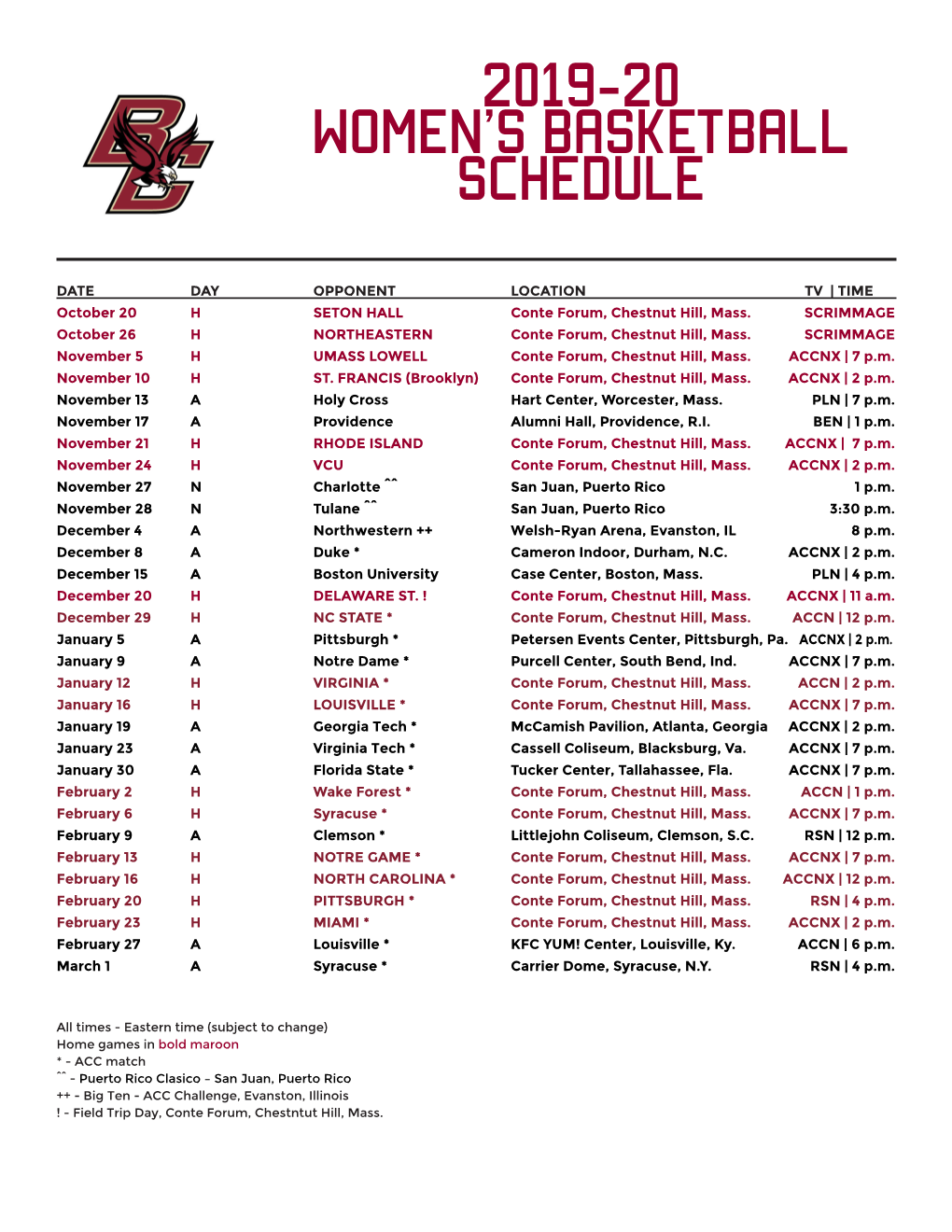 2019-20 Women's Basketball Schedule