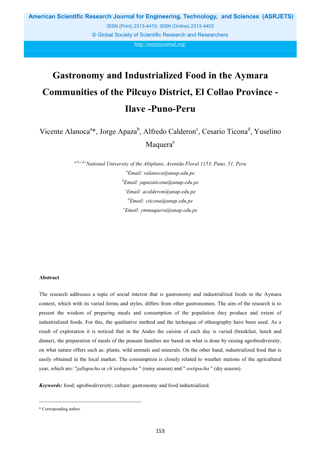 Gastronomy and Industrialized Food in the Aymara Communities of the Pilcuyo District, El Collao Province - Ilave -Puno-Peru