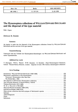 The Hymenoptera Collections of Williamedwardshuckard and the Dispersal of His Type Material