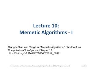 Lecture 10: Memetic Algorithms - I