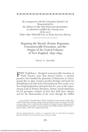 Repairing the Breach: Puritan Expansion, Commonwealth Formation, and the Origins of the United Colonies of New England, 1630–1643