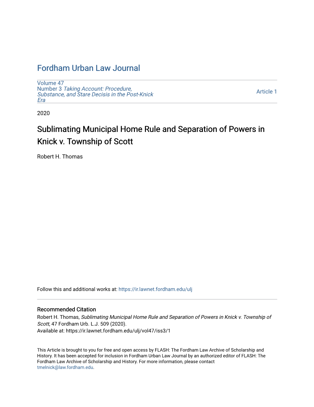 Sublimating Municipal Home Rule and Separation of Powers in Knick V. Township of Scott