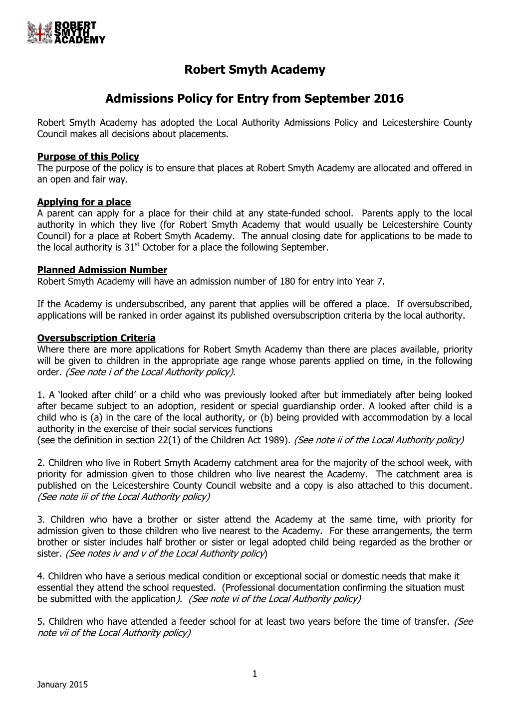 Robert Smyth Academy Admissions Policy for Entry from September 2016