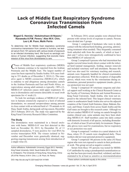 Lack of Middle East Respiratory Syndrome Coronavirus Transmission from Infected Camels