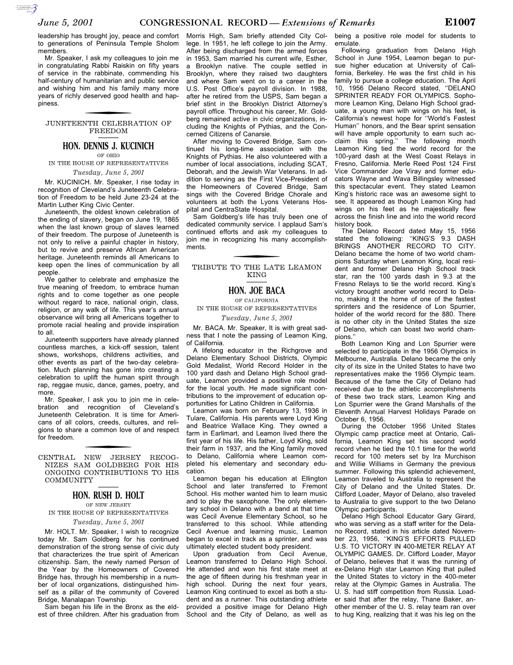 CONGRESSIONAL RECORD— Extensions of Remarks E1007 HON. DENNIS J. KUCINICH HON. RUSH D. HOLT HON. JOE BACA