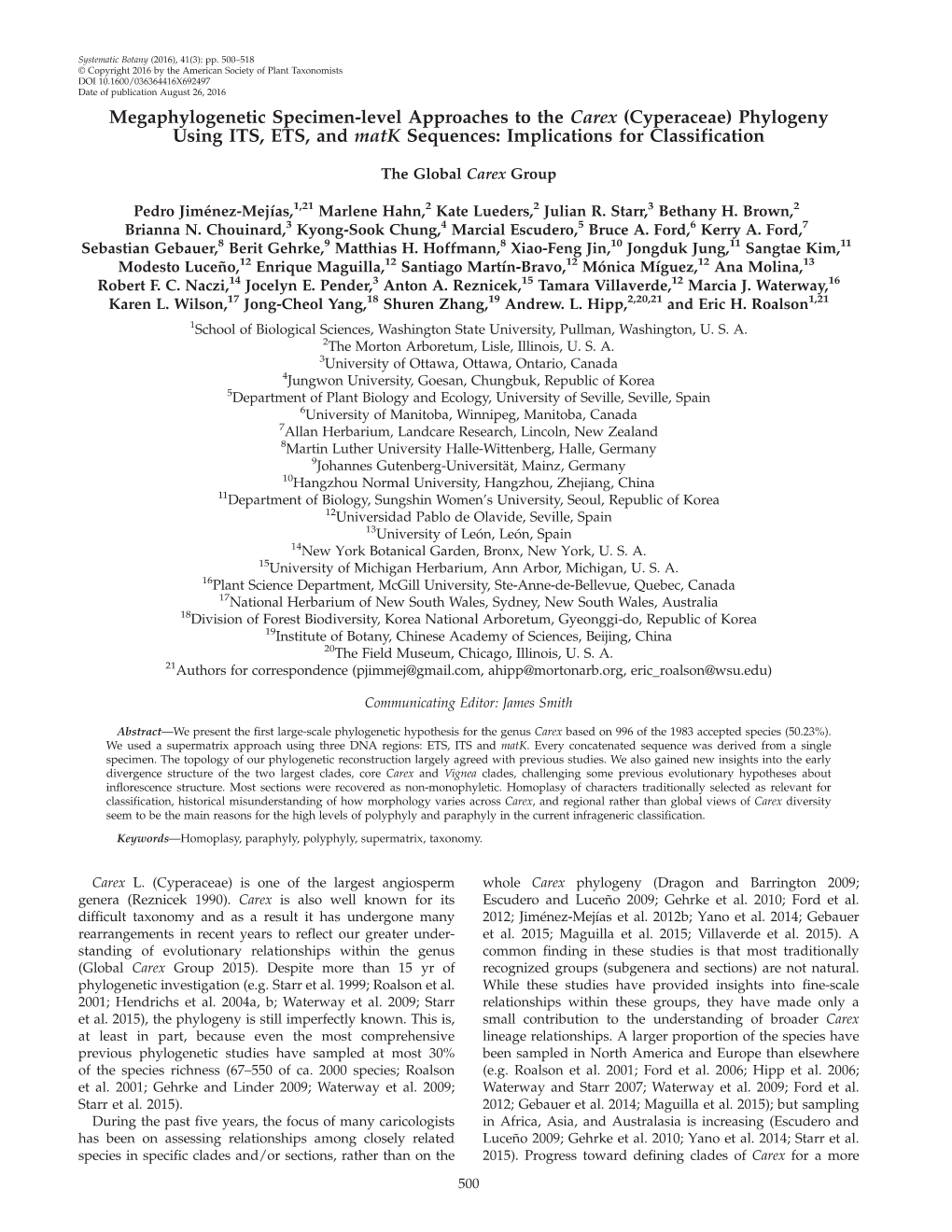 (Cyperaceae) Phylogeny Using ITS, ETS, and Matk Sequences: Implications for Classification