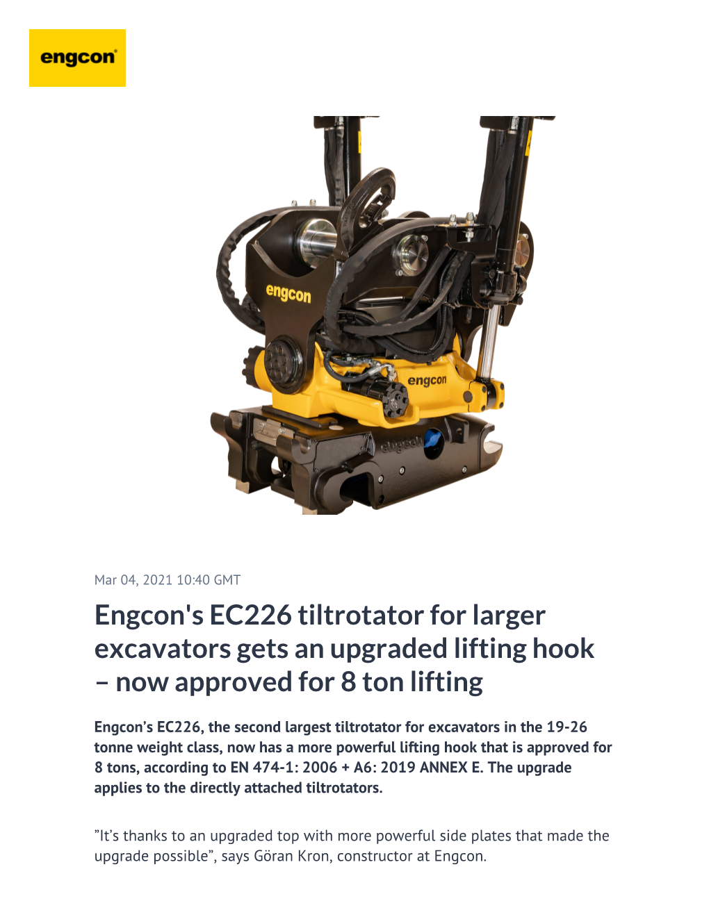 Engcon's EC226 Tiltrotator for Larger Excavators Gets an Upgraded Lifting Hook – Now Approved for 8 Ton Lifting