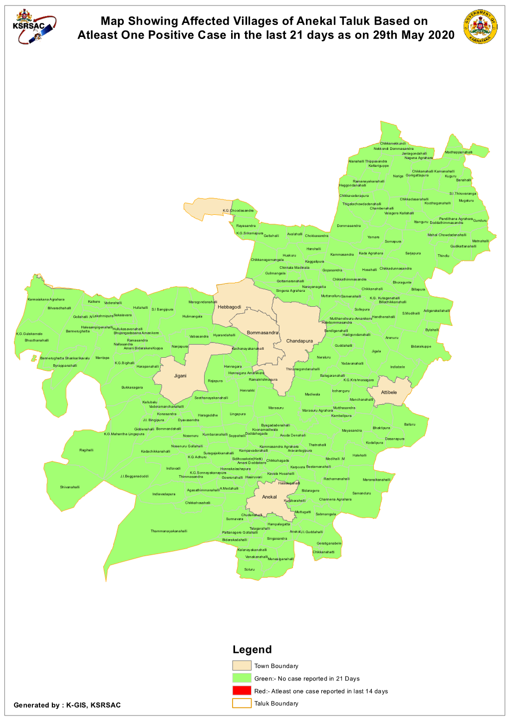 Map Showing Affected Villages of Anekal Taluk Based on Atleast One Positive Case in the Last 21 Days As on 29Th May 2020