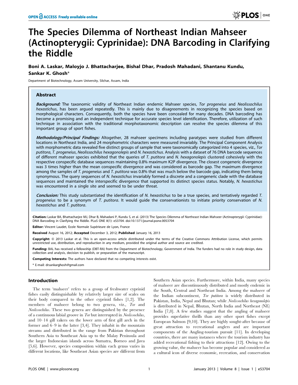 (Actinopterygii: Cyprinidae): DNA Barcoding in Clarifying the Riddle