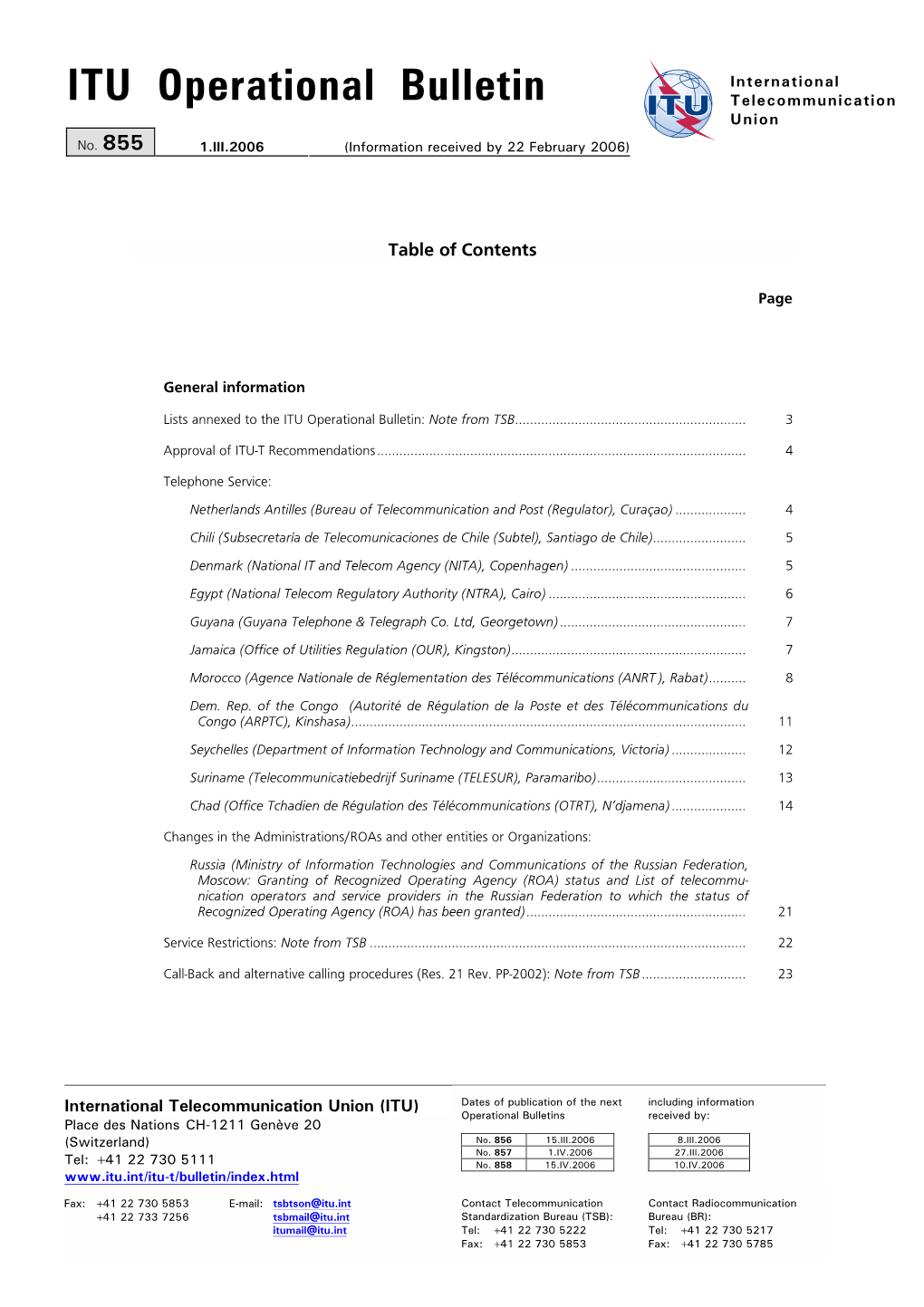 ITU Operational Bulletin Telecommunication Union