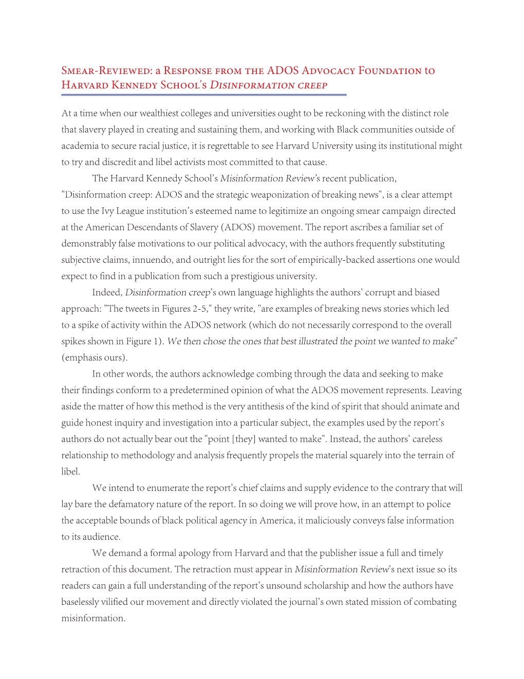 A Response from the ADOS Advocacy Foundation to Harvard Kennedy School's Disinformation Creep