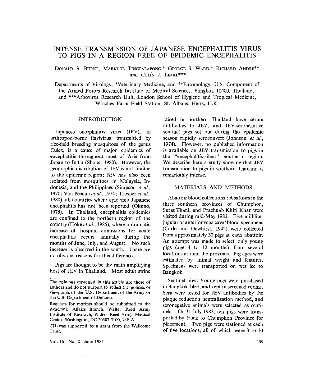 Intense Transmission of Japanese Encephalitis Virus to Pigs in a Region Free of Epidemic Encephalitis