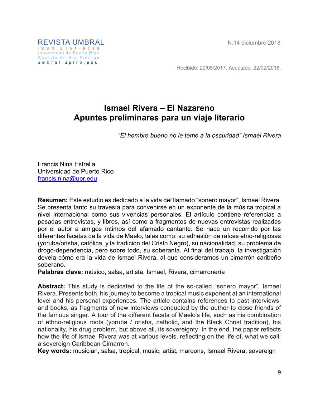 Ismael Rivera – El Nazareno Apuntes Preliminares Para Un Viaje Literario