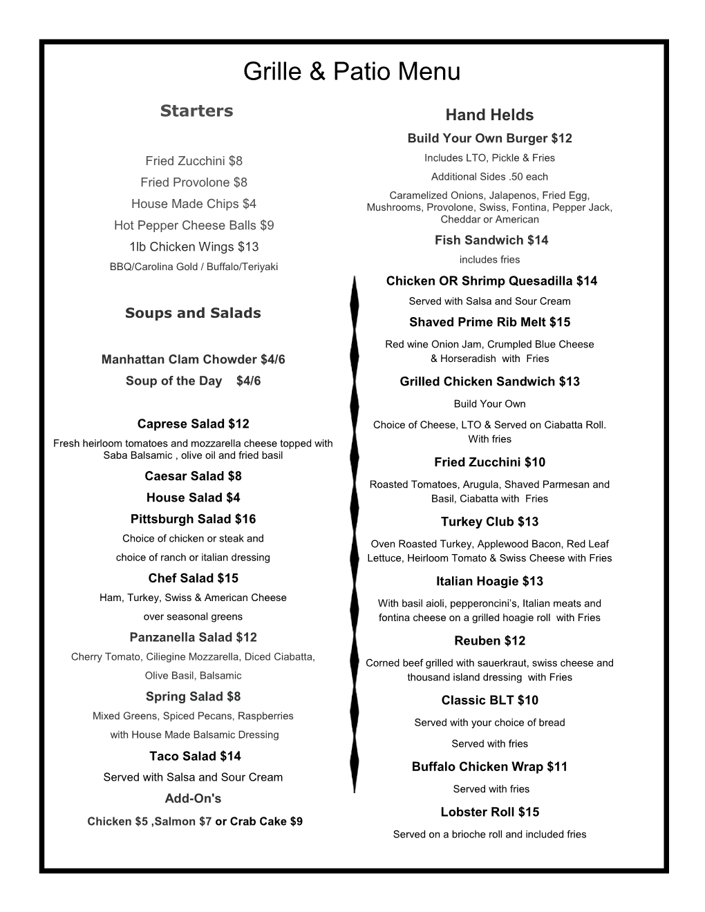 Grille & Patio Menu